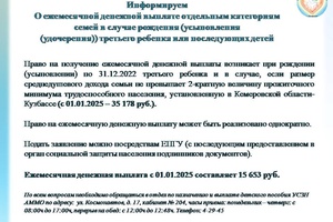 Информируем О ежемесячной денежной выплате отдельным категориям семей в случае рождения (усыновления (удочерения)) третьего ребенка или последующих детей